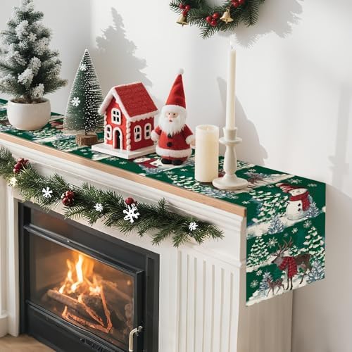 Artscope Reindeer Snowman Christmas Tree Table Runner, Xmas Winter Snowflakes Holiday Kitchen Dining Table Decoration for Christmas Home Party Decor 13x36 Inch-Green