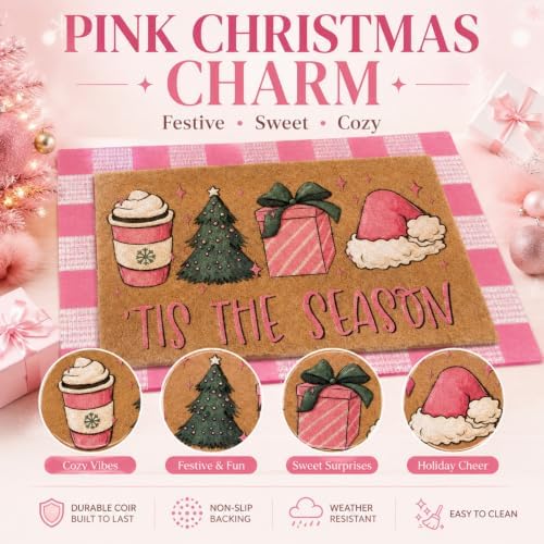 Tinideya 2 Pcs Pink Christmas Layered Doormat Set, Holiday Front Door Mats