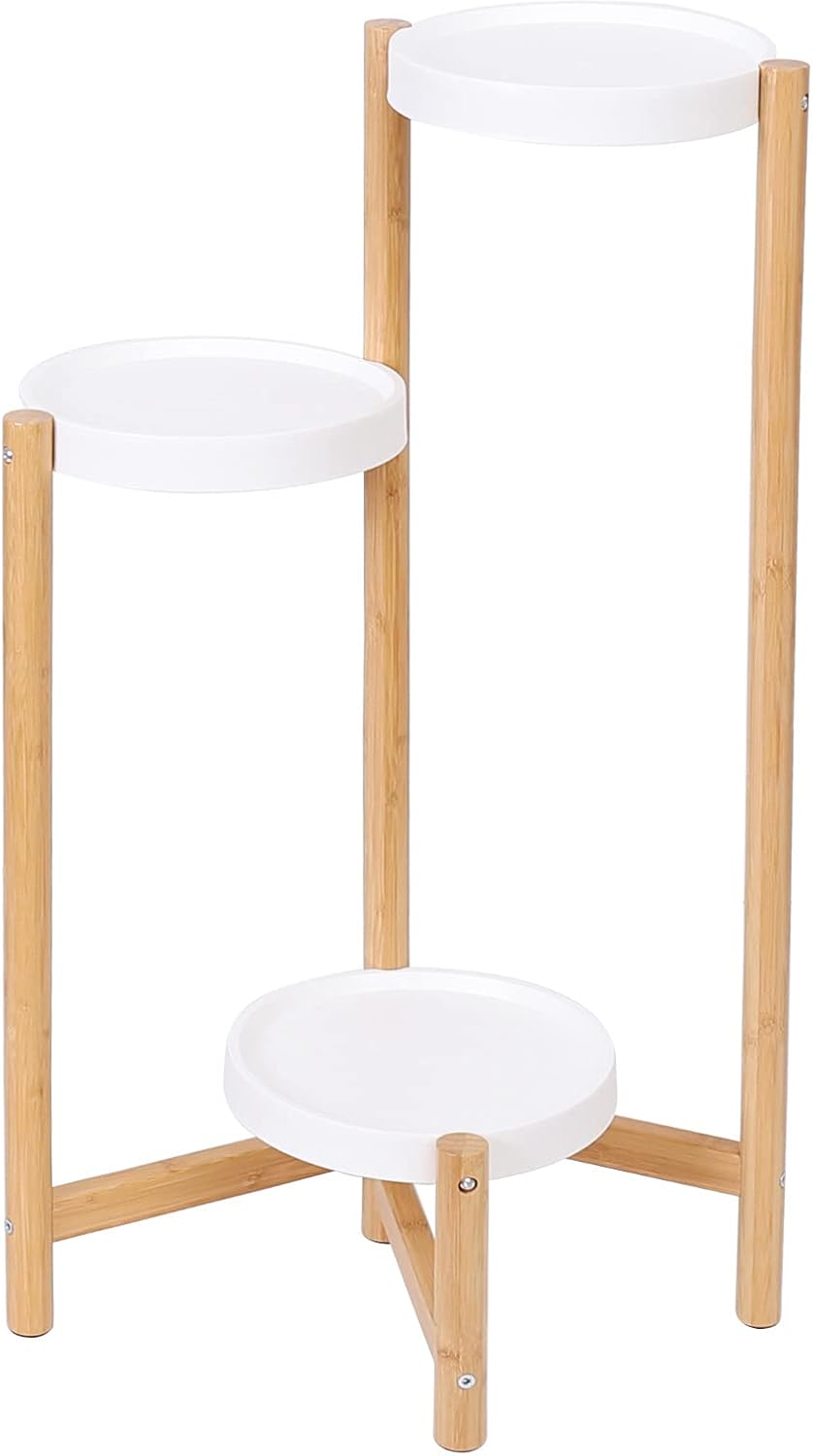 unho 3-Tier Bamboo Plant Stand: Nordic Style Potted Flower Display Shelf Holder Indoor Planter Rack with White Round