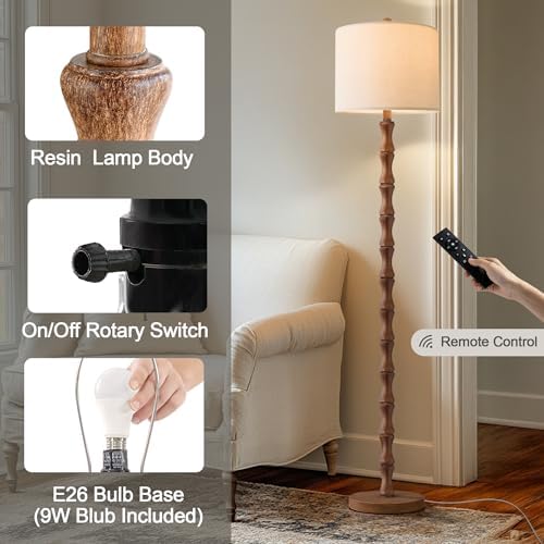 BOBOMOMO 62" Rustic Farmhouse Floor Lamp with Remote & Dimmable 9W Bulb, 3 Color Temperatures Tall Resin Standing Lamp