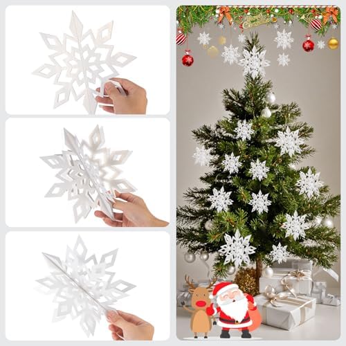 Crafare 18 Pieces Paper Winter Christmas Hanging Snowflake Decorations 3D Large White Snowflakes with String 6 inch, 8 inch10 inch,for Christmas New Year's Party Frozen-Themed Birthday Celebration