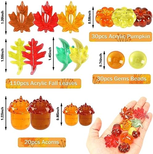 190pcs Fall Vase Filler, Acrylic Leaves Pumpkin Marbles Gems