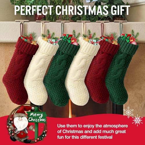 Hommtina Christmas Stockings, Personalized Christmas Stockings 18 Inches Large Size Cable Knitted Stocking Gifts (Style 3 6pcs White&red&Green)