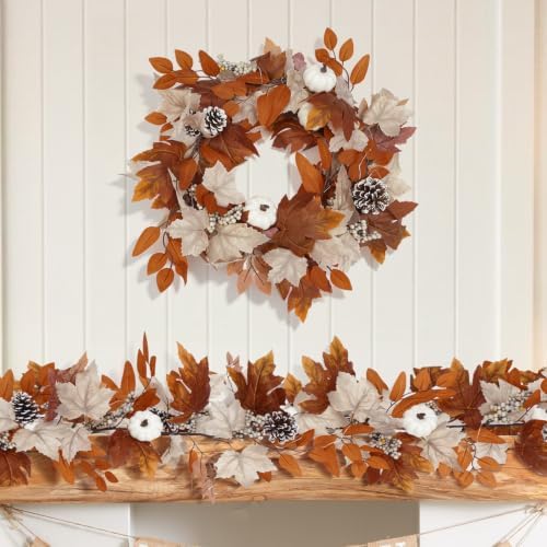 6 Ft Fall Garland with Lights & Timer, Thanksgiving Fireplace Mantel Decor