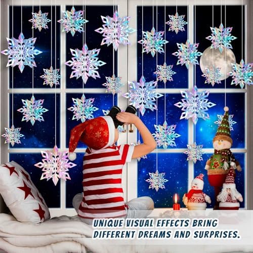 15PCS Christmas Hanging Snowflakes Decorations, 3D Iridescent Paper Snowflakes, Large Snow Flakes Ornaments for Christmas Party Winter Wonderland New Year Home Decor