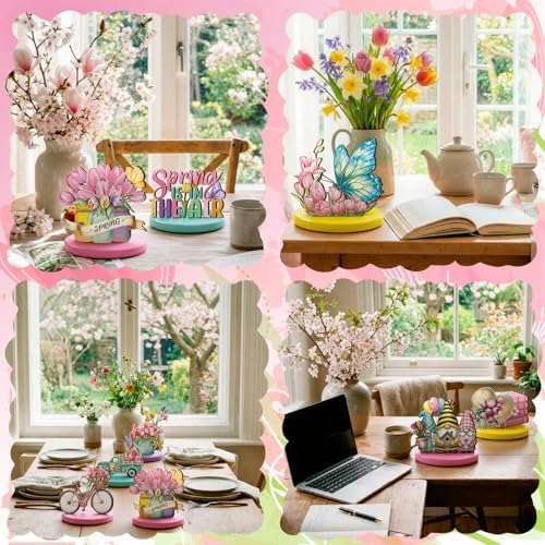 Amyhill 12 Pcs Spring Table Decorations Wooden Tabletop Centerpiece Wooden Table Sign for Tiered Tray Fiesta Carnival Party