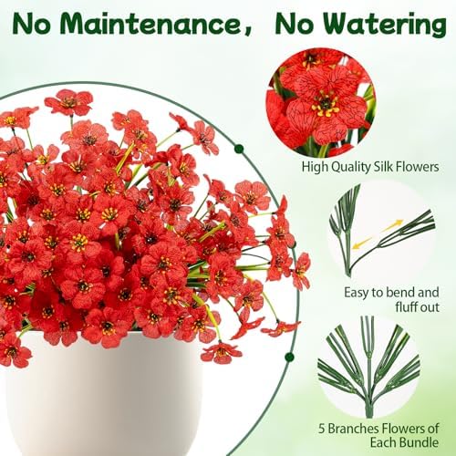 12 Bundles Red Artificial Flowers for Outdoors, UV Resistant Faux Plants