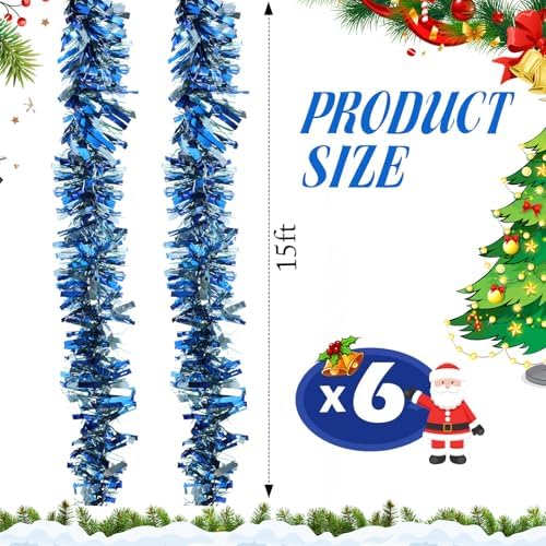 Shappy 90 ft 6 Rolls Christmas Tinsel Garland for Tree, Dark & Light Blue