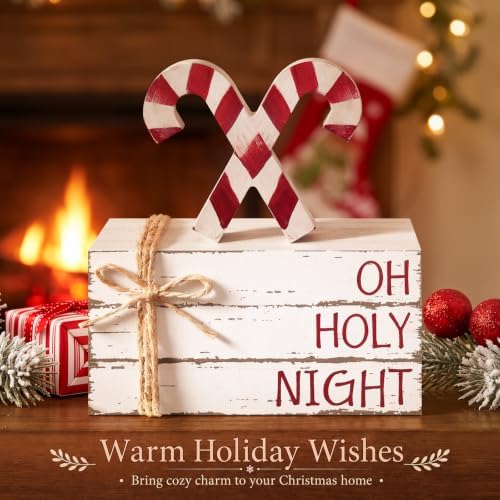 Geelin 4 Pcs Christmas Tiered Tray Decor Wooden Book Stack Signs, Candy Cane Christmas Table Decor, Red White Farmhouse Rustic Centerpieces for Shelf Coffee Bar Office Desk