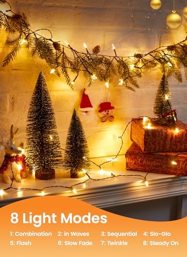 Minetom LED Christmas Mini Lights, 39 Feet 100 LED Clear Bulbs String Lights with 8 Light Modes, Connectable Fairy Lights Plug in for Outdoor Xmas Trees Garland Wreath Holiday Decorations, Warm White