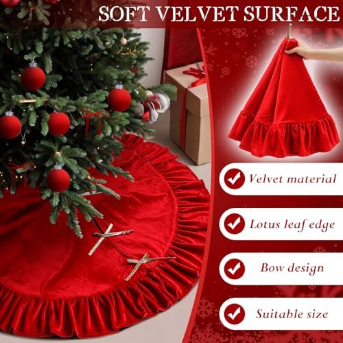 Velvet Christmas Tree Skirt, 48 Inches, Bow Style, Bright Red