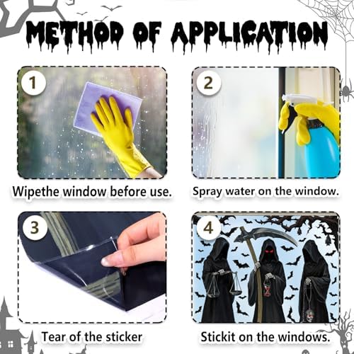 Halloween 3 PCS Large Window Cling Grim Reaper Bat Decals Stickers Decor