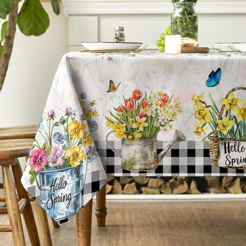 Quimoy Spring Summer Tablecloth 60x84 Inch, Rectangular Botany Tablecloth, Floral Table Cover for Spring Summer Party Picnic Kitchen Dinner Decor