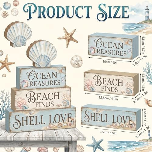 Britimes Tiered Tray Decor Set, 4 Pack, Wooden Table Sign, Seahorse Coastal