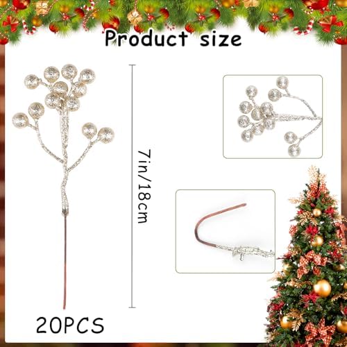 Fangoo 20 Pack 7 Inch Artificial Champagne Gold Berry Stems Christmas Champagne Gold Berries Picks Holly Berry Branches for Christmas Tree Ornaments DIY Crafts Wedding Holiday Season Winter Home Decor