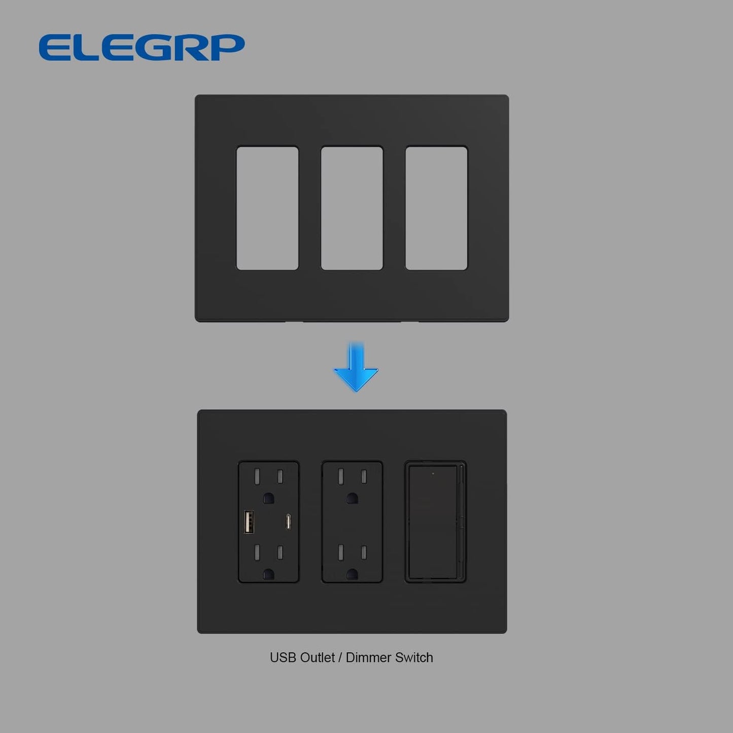 ELEGRP 3-Gang Screwless Decorative Wall Plates, Mid-Size Unbreakable Thermoplastic Faceplate Cover for Decorator