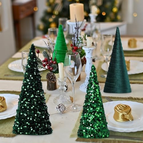 6 Pcs 12" 10" 6" Christmas Green Velet Cone Tree Decoration Christmas Glitter Table Tree Farmhouse Tree Tiered Tray Ornament Xmas Tree for Home Holiday Entryway Tabletop Tree Centerpiece Decor