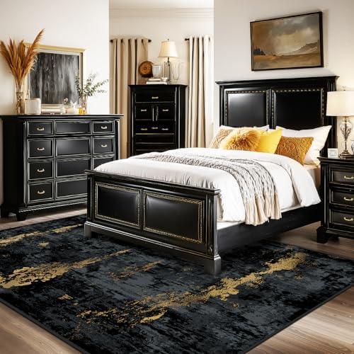 RELEANY Washable 7'x9' Abstract Area Rug for Living Room Black Gold