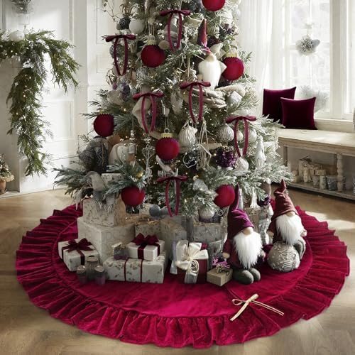 Velvet Christmas Tree Skirt, 60 Inches, Bow Style, Red