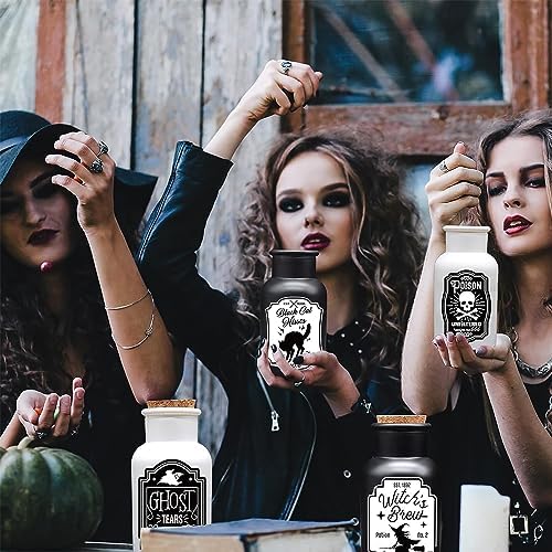 Sarybei Halloween Decorations for Home - Set of 4 Apothecary Potion Bottles with stickers - Scary Witch Poison Ghosts Black Cat Farmhouse Tiered Tray Decor For Home Table Party Supplies