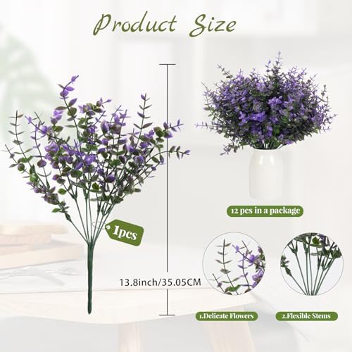 RECUTMS Fake Shrubs Flowers, 12Pcs Faux Outdoor Purple Plants UV Resistant