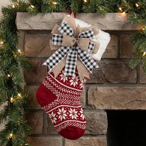 Buffalo Plaid Bow, 9.4 x 11.8 Inch Black and White Check Burlap with Wired Ribbon, Handmade Farmhouse Wreath Bow for Front Door Mailbox Lantern Tree Topper Year Round Decor