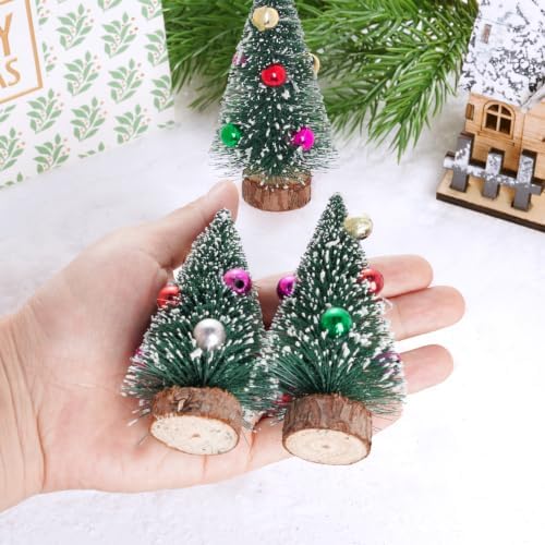 Yookat 12Pcs Mini Christmas Trees Bottle Brush Trees Small Sisal Trees Mini Pine Trees with Wood Base Small Bottle Brush Trees for Christmas Winter Decoration (Green)