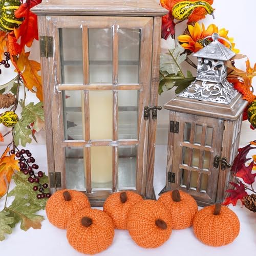 Winlyn Set of 6 Faux Fall Orange Crochet Pumpkins - Small Knit Foam Pumpkins for Rustic Farmhouse Decor, Harvest, Thanksgiving, Halloween, Autumn Table, Bowl, Tiered Tray, Mantel