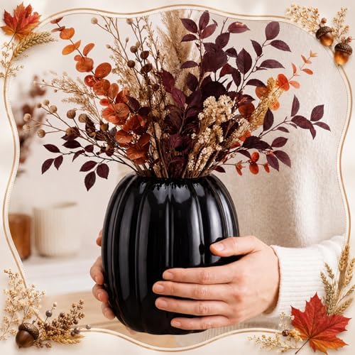 Beeveer 6.7 Inch Ceramic Pumpkin Vase, Large Black Pumpkin Utensil Holder