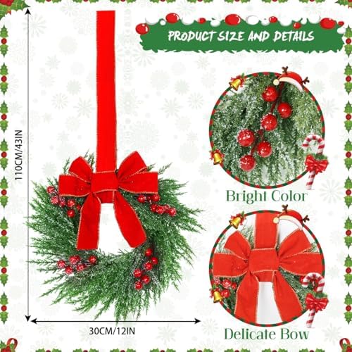 YoleShy 6 Pcs Small Christmas Wreath 12'' Mini Wreaths for Kitchen Cabinet Wreaths with Berry & Red Velvet Bow Ribbon Window Wreath Christmas Xmas Farmhouse Decoration for Front Door Chair Wall