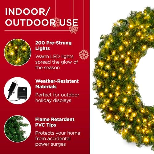 Best Choice Products 48in Large Artificial Pre-Lit Fir Christmas Wreath Holiday Accent Decoration w/ 200 LED Lights, 714 PVC Tips