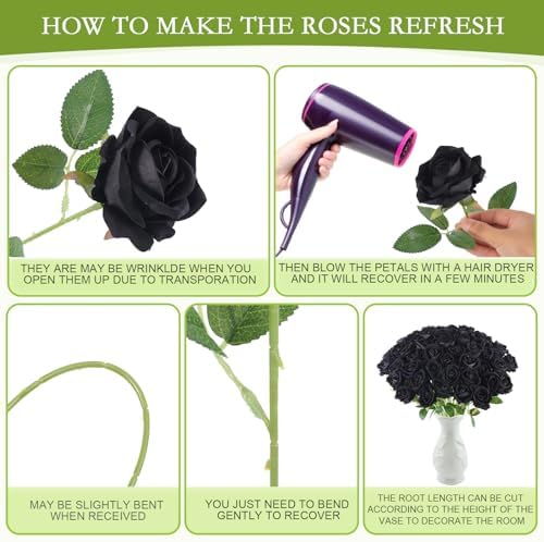 Hananona Black Artificial Roses for Flower Arrangement, 12 Pcs Silk Black Roses Bouquet for Halloween Home Decoration, Faux Black Roses for Halloween and Gothic Decoration