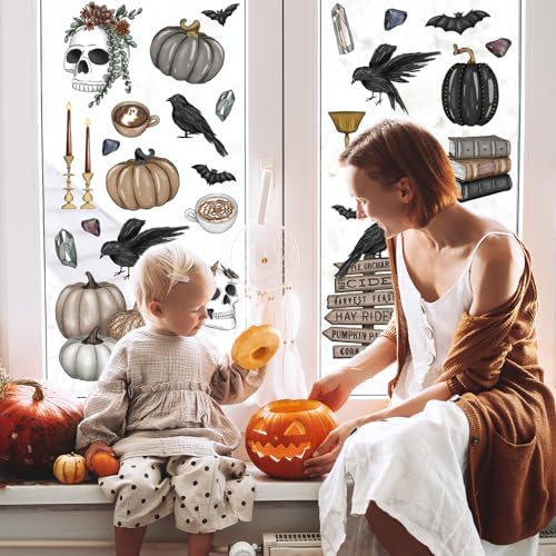 JarThenaAMCS 76Pcs Halloween Window Clings Gothic Skull Pumpkin Crow Window Sticker Double-Sided Decal for Glass Mirror Decor, 9 Sheet