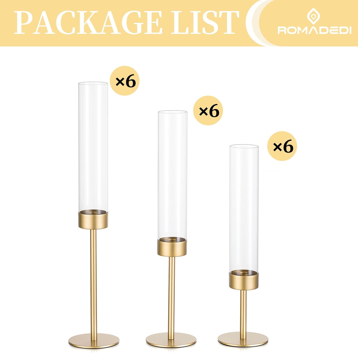 Romadedi Glass Hurricane Candle Holders for Candlestick, Gold, Set of 18 | Removable Borosilicate Clear Glass Cylinder