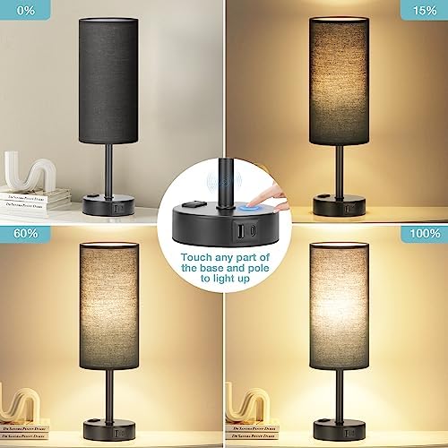 Fenmzee Black Bedside Lamp for Bedroom, Dimmable Touch, USB A+C, AC Outlet