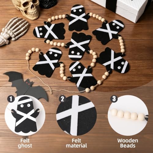 GreenD Halloween Garland Ghost Garland Banner Cute Handmade Black Felt Wood Beads Adjustable Hanging 9.84FT Fireplace Wall Table Window Indoor Outdoor Home Party Decor Supplies