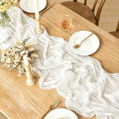 3Pcs Ivory White Table Runner, 10FT Rustic White Table Runner 35*120inch Boho Table Runners for Wedding Bridal Shower Baby Shower Table Centerpiece Decorations