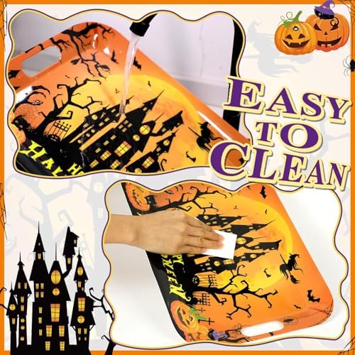 gisgfim 2Pcs Halloween Serving Trays 16.1 X 11.1 Inch Large Melamine Platters with Handles, Orange Purple Castle Pumpkin Bat Food Trays Halloween Movie Night Snack Trays Birthday Party Serving Dishes