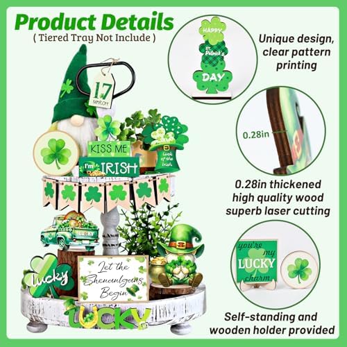 St Patricks Day Decor, 22 PCS St Patricks Day Tiered Tray Decor Set-St. Patrick's Day Decorations for Table with Gnome Shamrock Wooden Signs Irish Decorations Farmhouse Kitchen Centerpiece Home Decor