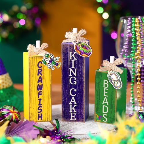 GlikCeil 3 Pcs Mardi Gras Table Decor Carnival Table Centerpiece Decorations Square Wood Mardi Gras Block Sign with Wooden Plaque and Bows for Home Carnival Party Desk Kitchen Decor