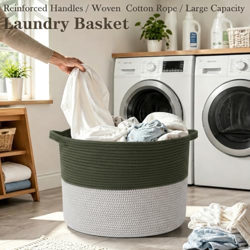 65L Large Blanket Basket,Woven Rope Laundry Basket-Green&White