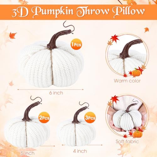 HunnmingRe 6 Pcs Pumpkin Decor Large 6 Inch Crochet Fall White Pumpkins