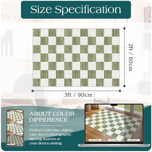 Front Door Mat Outside Entrance 2x3 Green White Checkered Rug