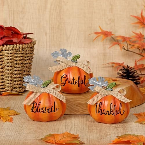 Fall Pumpkins Decoration 3Pcs Resin Pumpkins Thanksgiving Fake Pumpkin Figurines Mini Carved Pumpkin for Home Harvest Halloween Thanksgiving Rustic Farmhouse Table Centerpiece Shelf Mantel