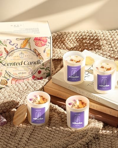 AOOVOO Lavender Candles Set for Women - 4 Pack Candles for Home Scented, Aromatherapy Candle with Crystals Inside, 20