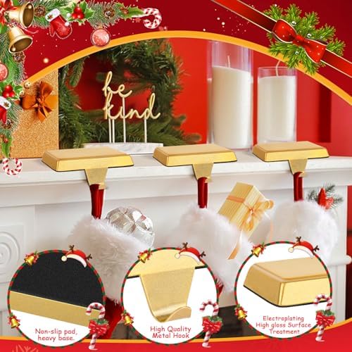 Homjoy 6 Pack Metal Christmas Stocking Holders for Mantle Heavy Duty Stocking Hangers Stocking Hook Christmas Ornaments for Counter Tables Window Fireplace Mantle Decoration (Gold)