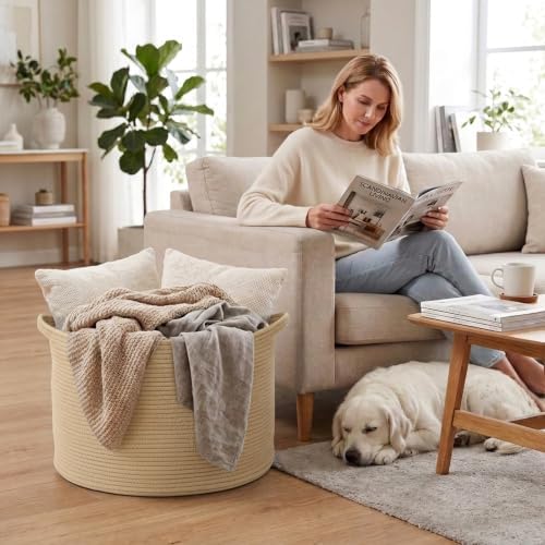 90L Extra Large Blanket Basket,Woven Rope Laundry Basket-Camel