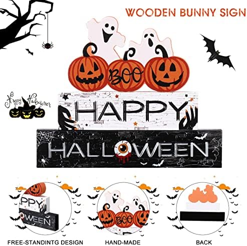 Vicenpal 3 Pieces Halloween Wooden Sign Pumpkin Ghost Table Centerpiece