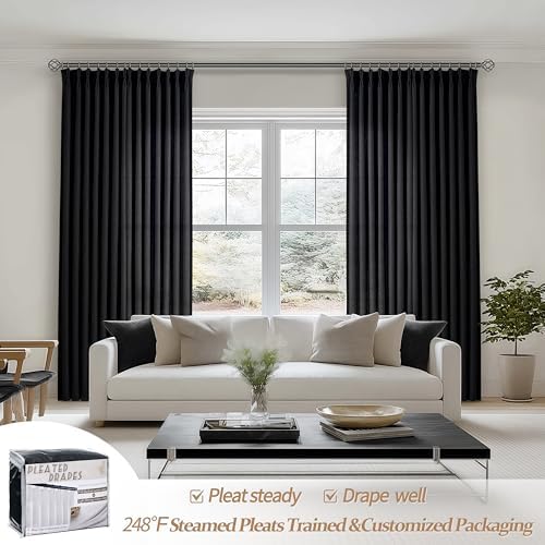 Pinch Pleated Black Sheer 96 Inch Curtains for Bedroom, Neutral Thick Linen Blend Pleat Light Filtering Sliding Door