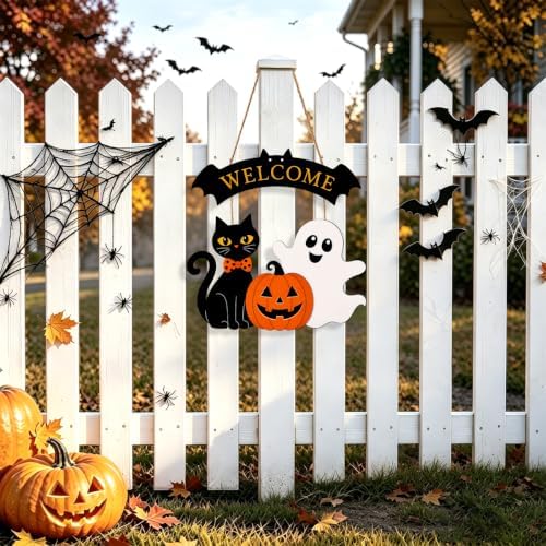Halloween Welcome Wreath for Front Door Wooden Black Cat Ghost Door Decor